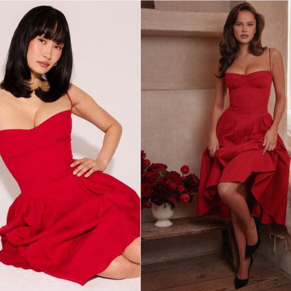 HOUSE OF CB 'Samaria' Red Gathered Midi Dress NWOT - Picture 4 of 8